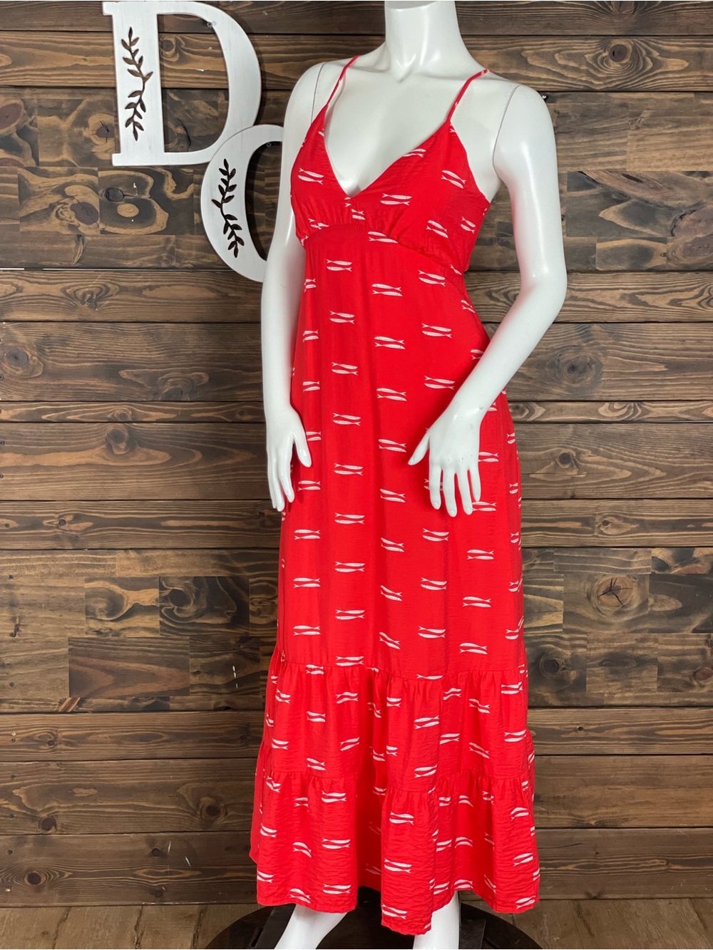 a new day | Red Spaghetti-Strap Maxi Dress V-Neck Open Back Cut Out Tiered Fish